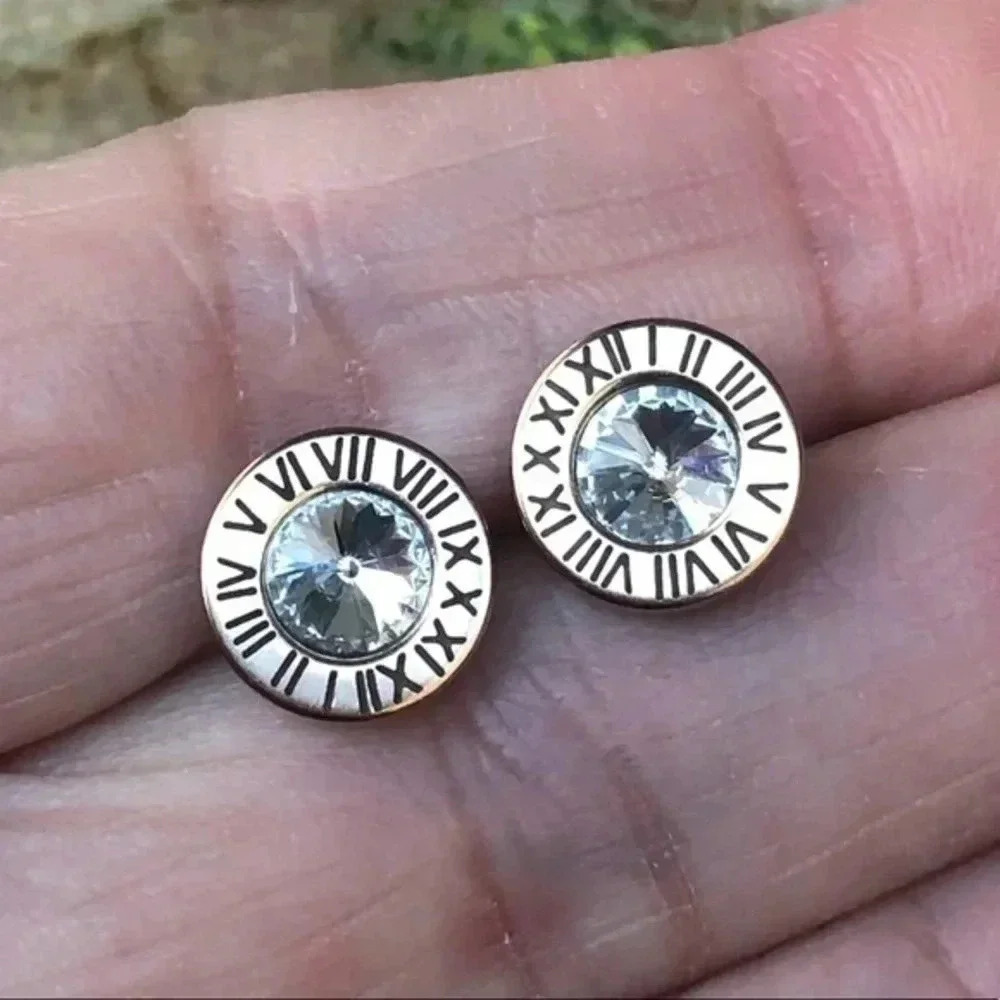 Rose Gold Roman Numerals Designer Style AAA Zircon Stud Earrings NWT